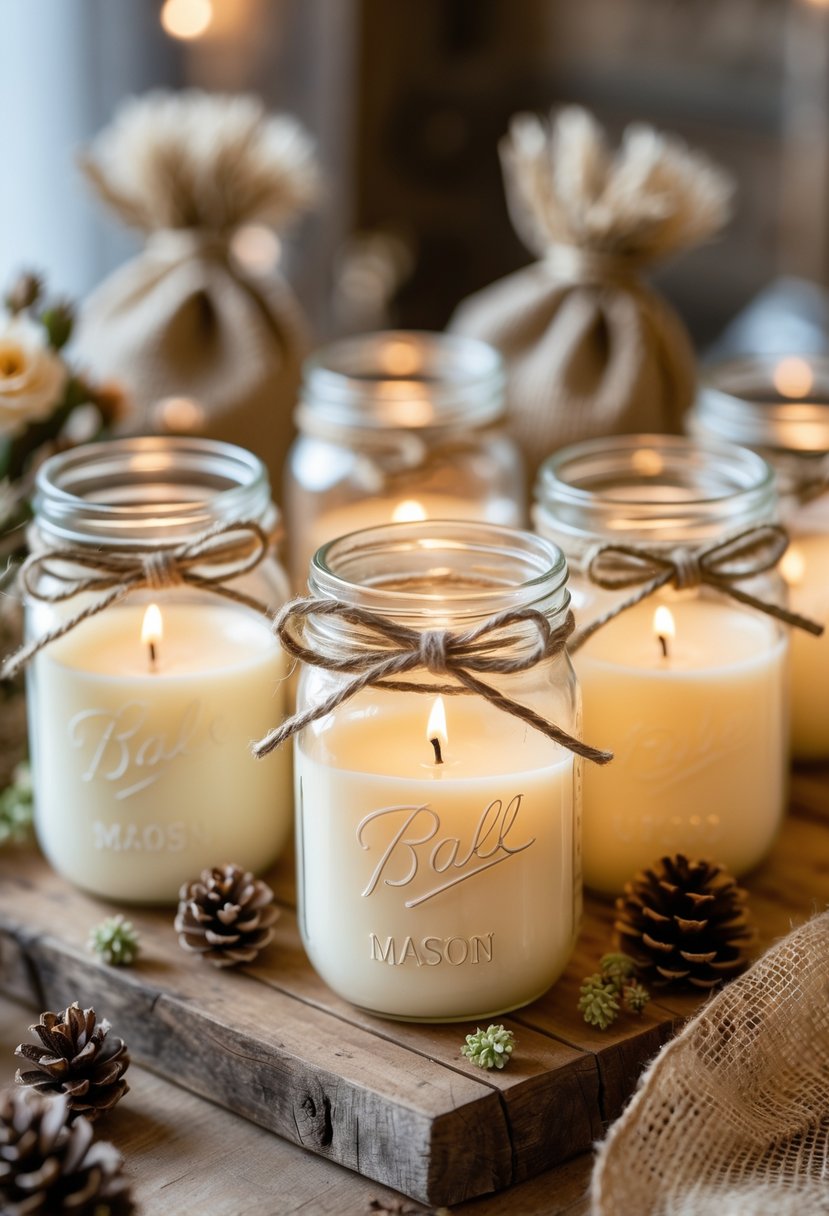 Mason jar candles with twine bows arranged on a wooden surface surrounded by dried flowers and rustic decorations.