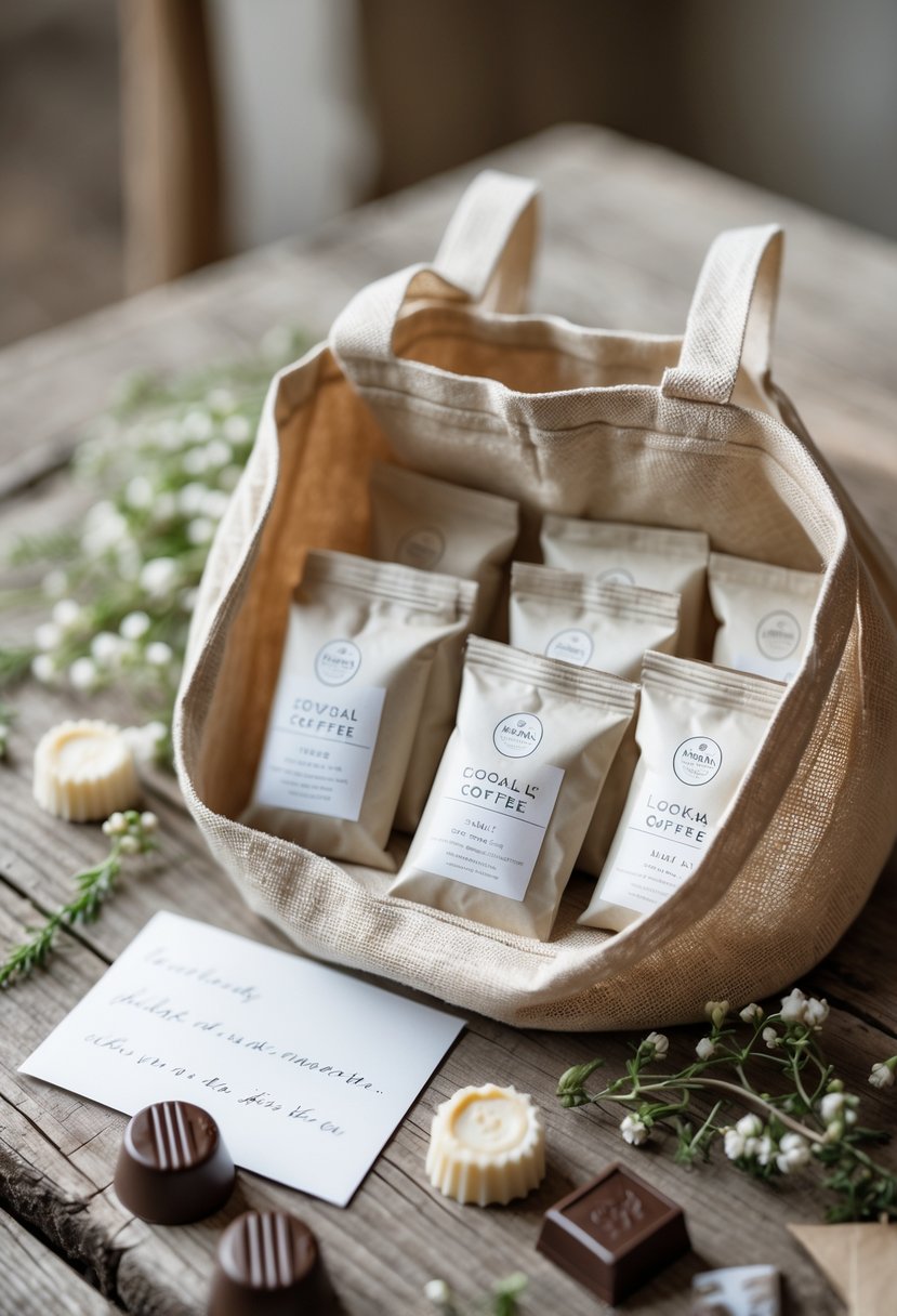 A wedding welcome bag on a wooden table filled with local coffee sachets and small floral decorations.