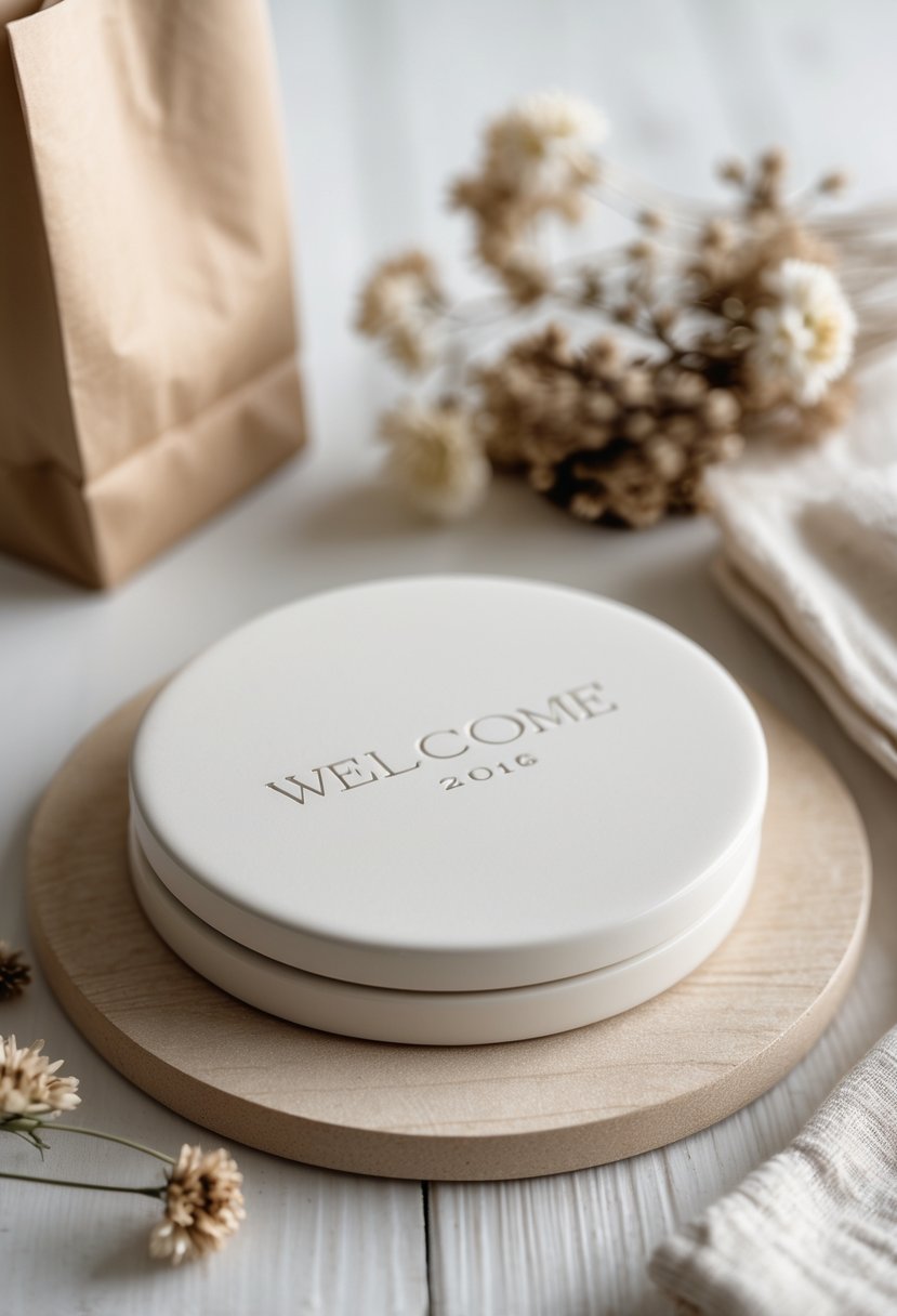 A white ceramic coaster with an engraved date on a wooden surface next to a small paper bag and dried flowers.