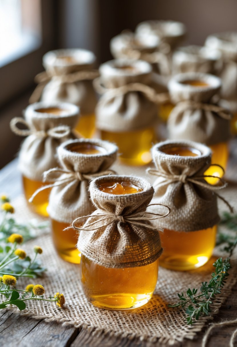 Mini burlap sacks filled with jars of local honey arranged on a wooden surface with wildflowers and greenery.