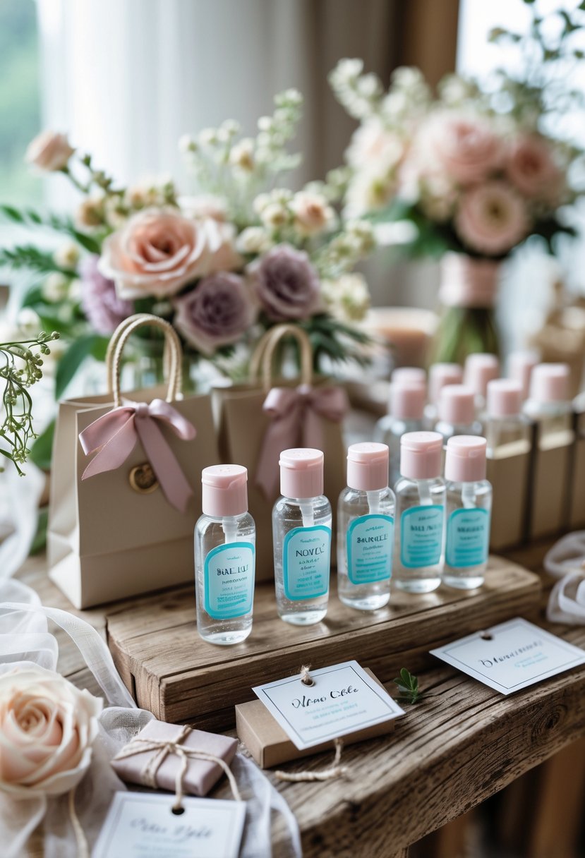Mini bottles of hand sanitizer arranged with wedding welcome bag items on a wooden table.