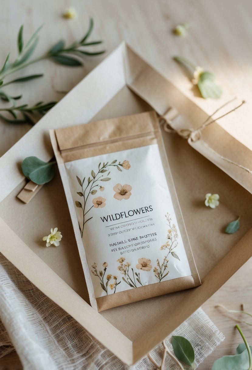 A compact wildflower seed packet placed inside a simple wedding welcome bag on a wooden surface, surrounded by small wildflower petals.