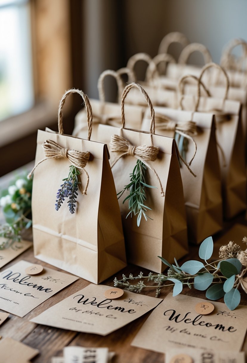 A collection of kraft paper bags with handwritten notes and natural decorations arranged on a wooden table.
