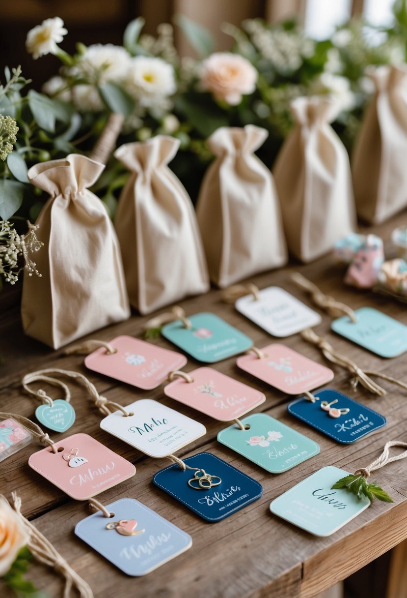 Custom luggage tags and welcome bags arranged on a wooden table with wedding favors and floral decorations.