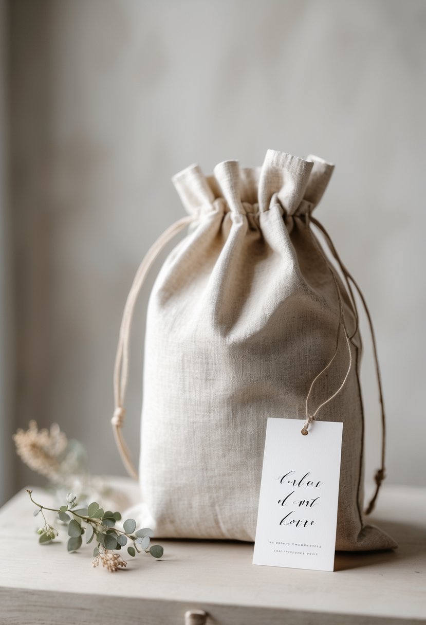 A wedding welcome bag with a calligraphy-style card and small greenery on a wooden surface.