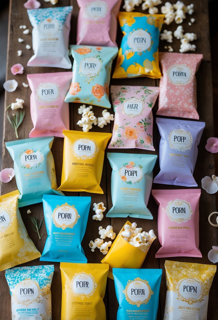 An assortment of colorful popcorn packets with decorative wedding-themed accents arranged on a wooden table.