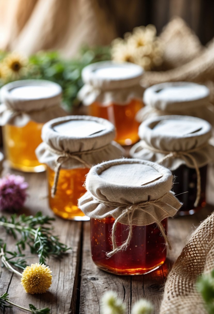 Small glass jars of artisan jams arranged on a wooden table with natural fabric covers and twine, surrounded by dried flowers and herbs.