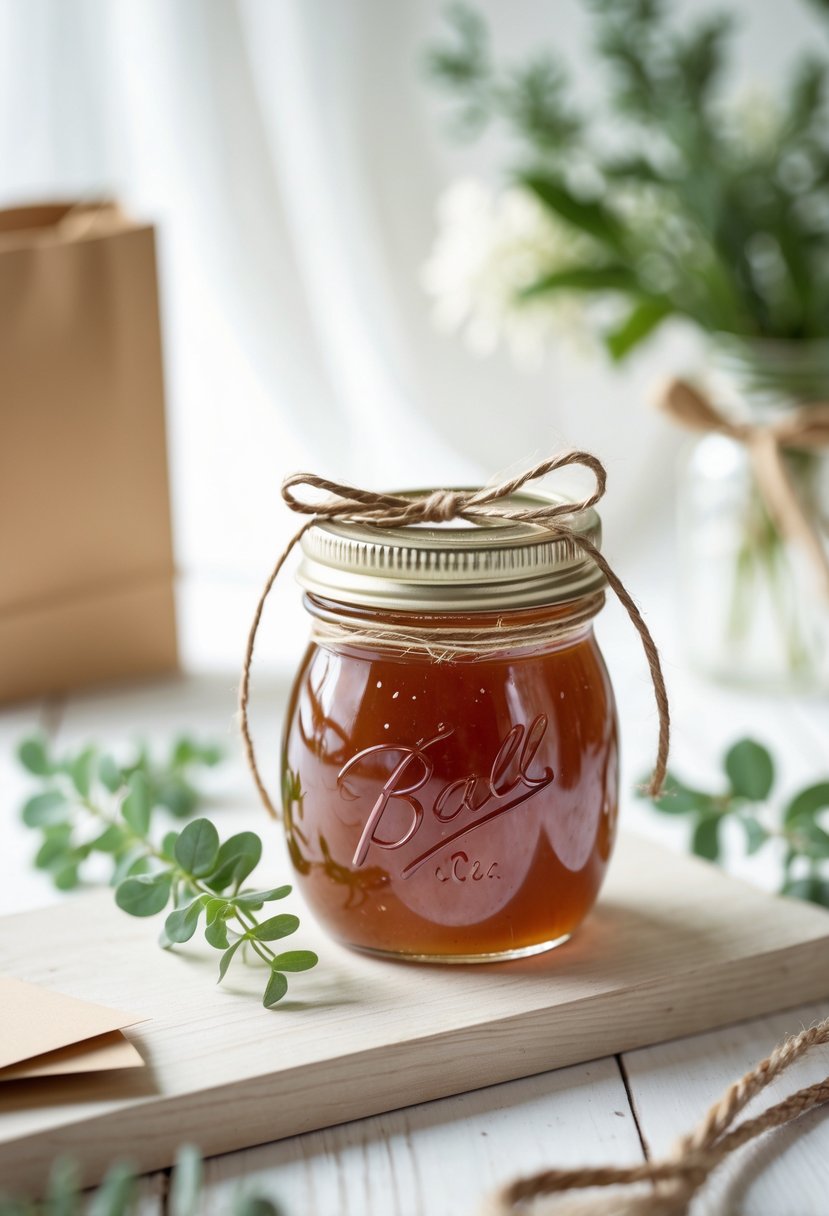 Small jar of homemade jam with a twine bow next to a kraft paper bag and greenery on a wooden surface.