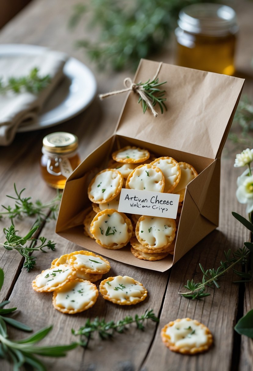 A rustic wooden table with an open kraft paper bag filled with artisan cheese crisps, fresh herbs, and a small jar of honey, arranged as a wedding welcome gift.