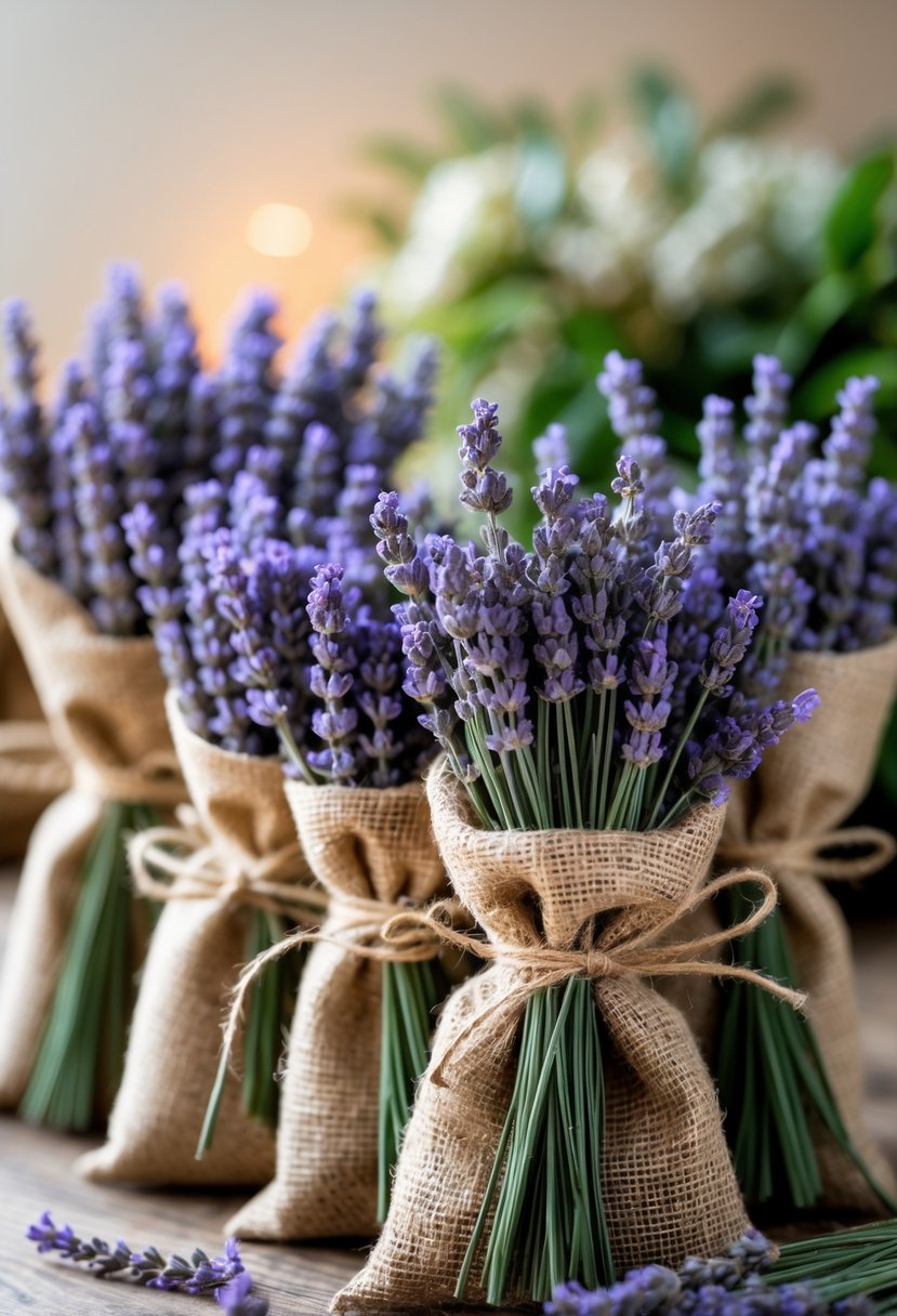 Several dried lavender bundles wrapped in burlap and tied with twine, arranged on a wooden surface.