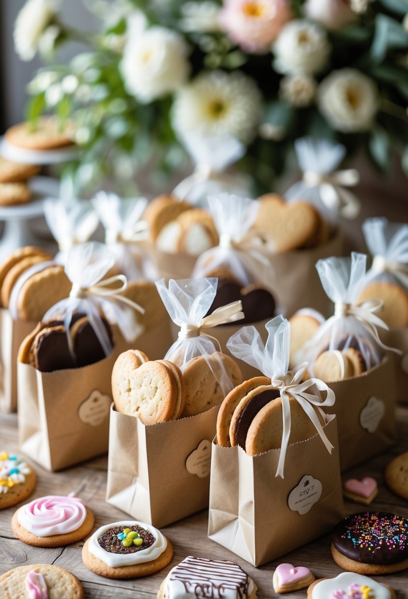 A collection of decorated cookies in paper bags arranged on a wooden table with wedding decorations in the background.