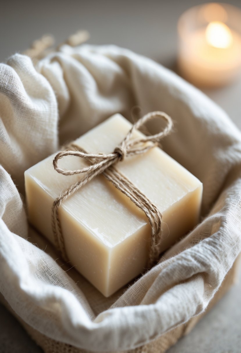 A bar of soap wrapped in muslin fabric tied with twine, placed inside a simple wedding welcome bag.