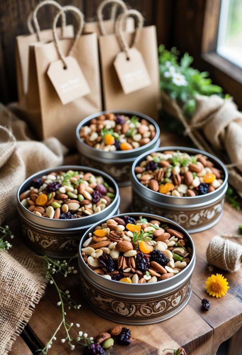 Open vintage tins filled with homemade trail mix on a wooden table surrounded by rustic wedding welcome bag items like kraft paper bags, twine, and wildflowers.