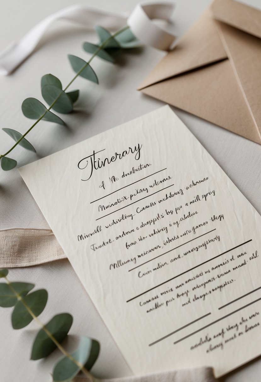 A handwritten itinerary on cream cardstock surrounded by minimalist wedding welcome bag items like a eucalyptus sprig and a linen ribbon.