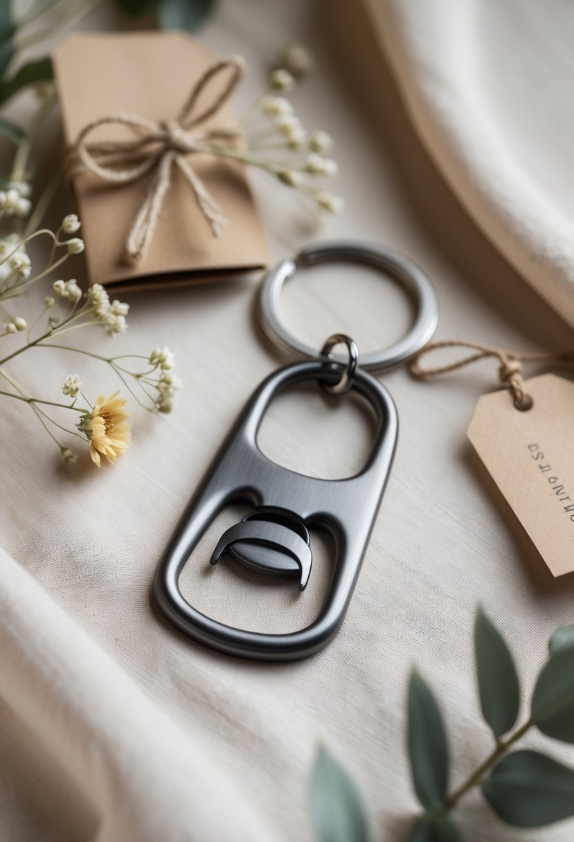 A metal bottle opener keychain placed on fabric with dried flowers and greenery around it.
