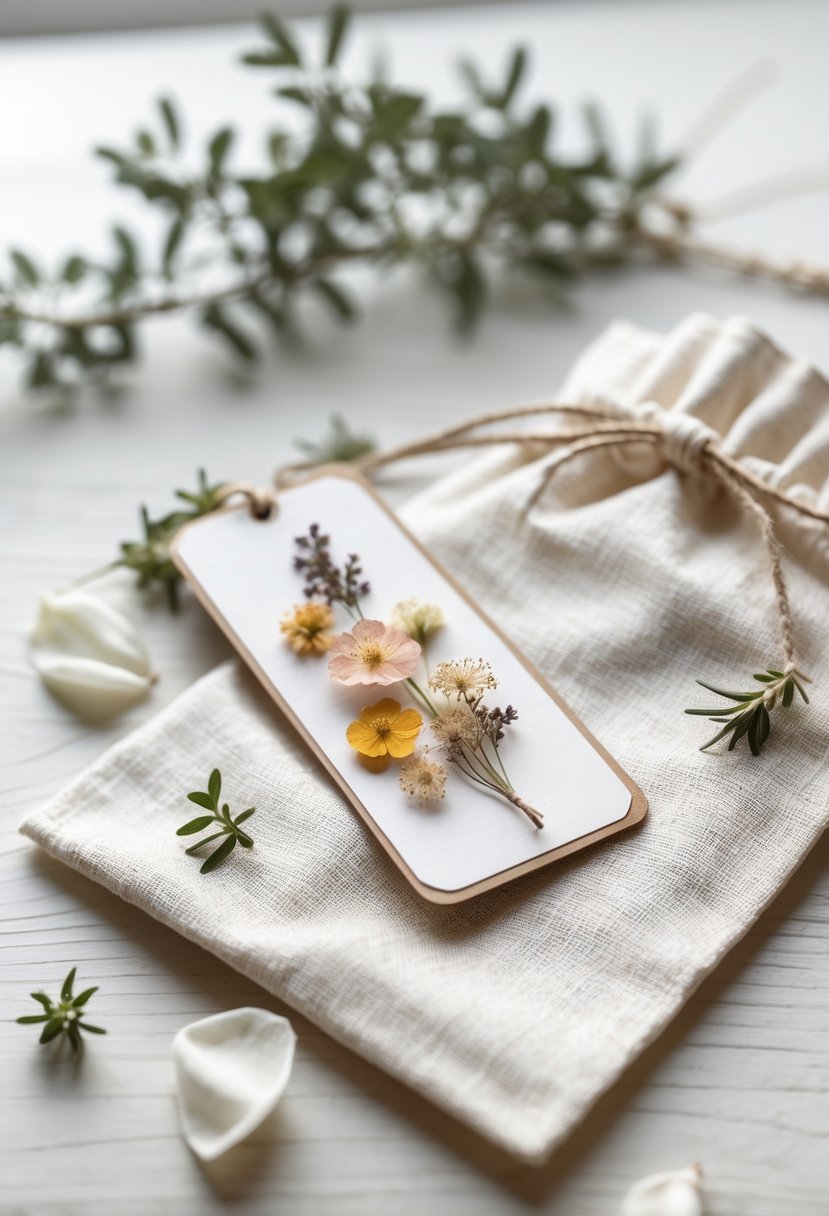 Pressed flower bookmark resting on a natural fabric welcome bag surrounded by greenery and petals on a wooden surface.
