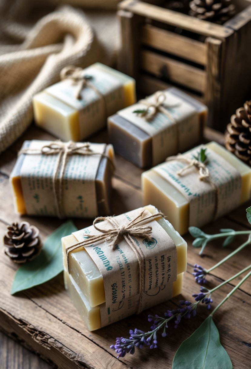 An arrangement of handcrafted soap bars wrapped in rustic paper with dried flowers, placed on a wooden surface surrounded by natural elements like lavender, eucalyptus, and pine cones.