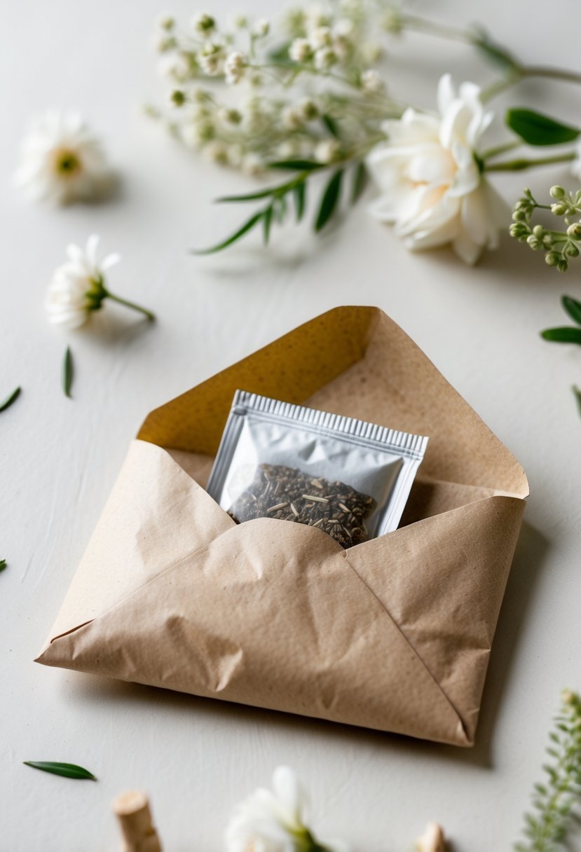 A single herbal tea bag in a kraft paper envelope surrounded by white flowers and greenery on a light surface.