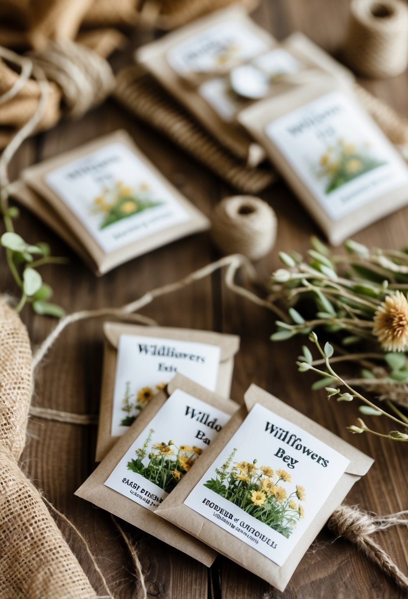 Seed packets for wildflowers arranged on a wooden table with rustic wedding decorations including burlap, twine, dried flowers, and greenery.