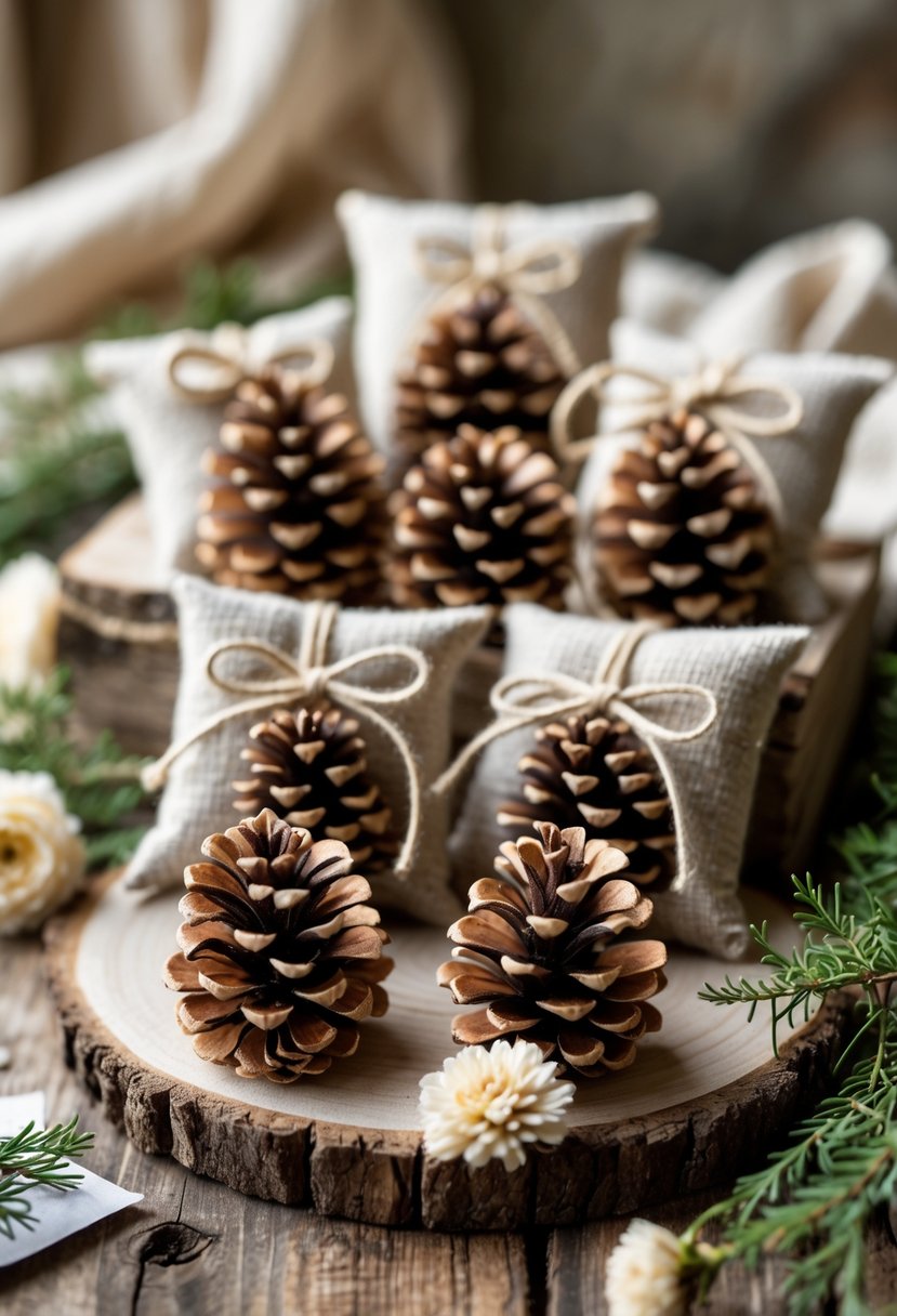 Mini pinecone sachets scented with cedar arranged on a rustic wooden surface with dried flowers and greenery.