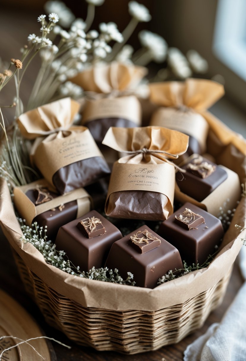 A basket filled with handmade chocolates wrapped in brown paper, arranged as a rustic wedding welcome gift.