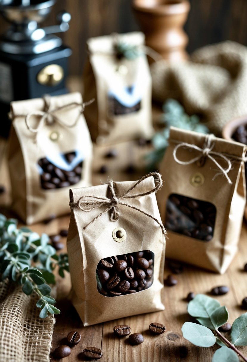 Packets of gourmet coffee beans in kraft paper bags tied with twine and decorated with dried flowers, arranged on a wooden table with coffee beans and rustic wedding decor.