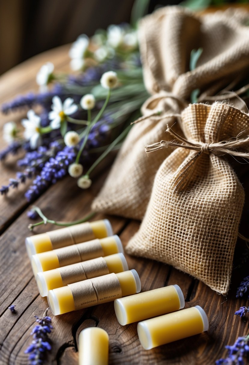 A rustic wedding welcome bag display with natural beeswax lip balms, a burlap bag, and dried flowers on a wooden table.