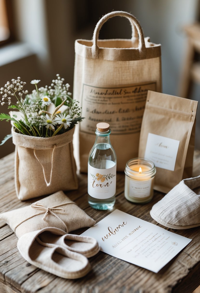 A rustic wooden table displaying wedding welcome bags filled with flowers, snacks, a candle, a note, and slippers.