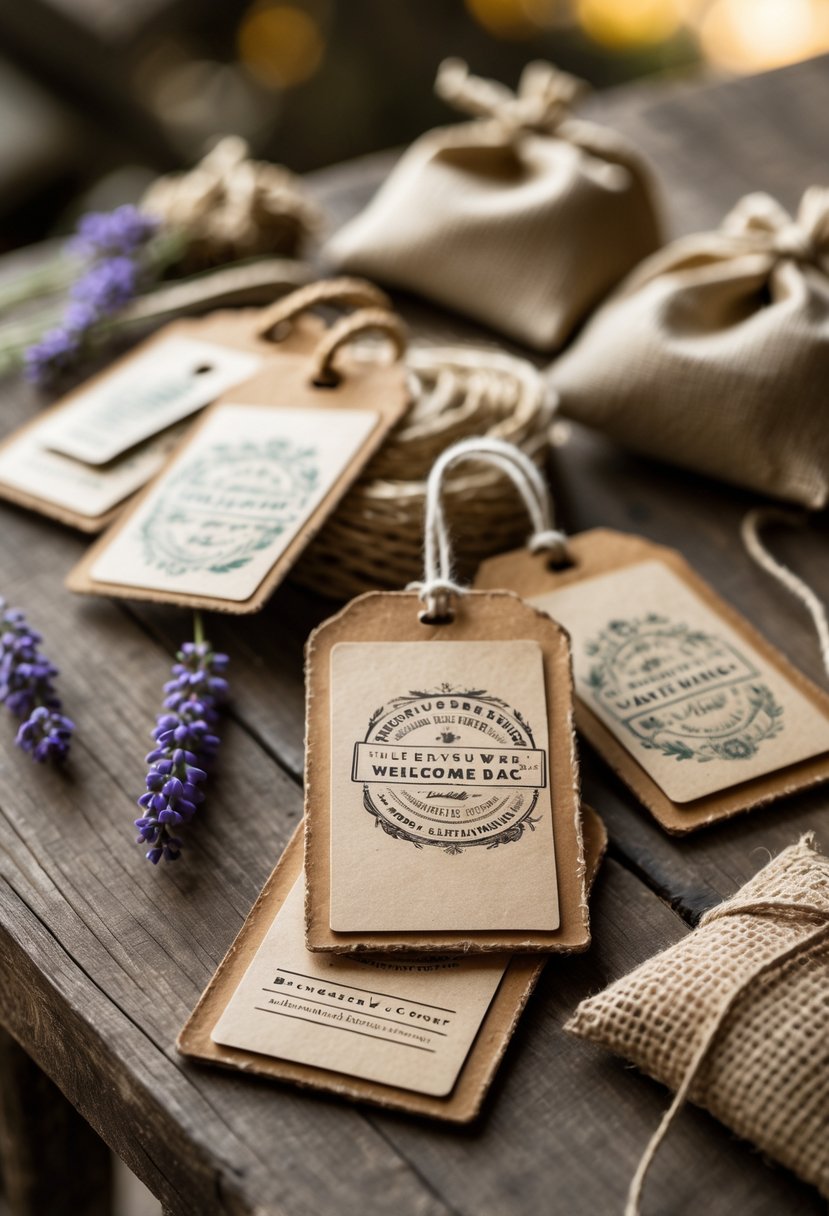 A collection of vintage-style luggage tags arranged on a wooden table with rustic decorative items like dried lavender and burlap sacks.