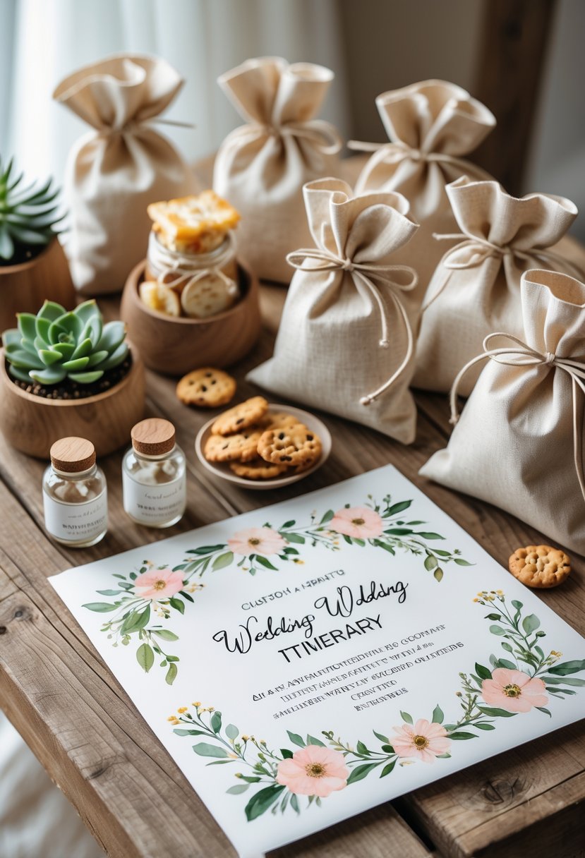 A wedding itinerary card surrounded by decorative welcome bag items including mini bottles, snacks, potted plants, and fabric pouches on a wooden table.