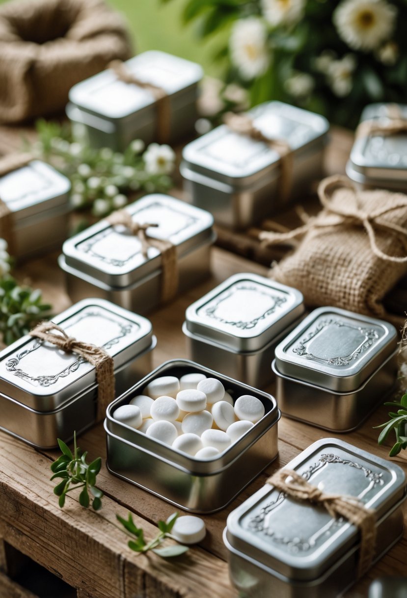Small tin boxes of mints arranged on a wooden surface with greenery and rustic wedding decorations.