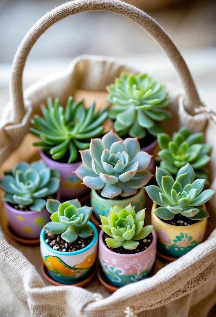 Mini succulent plants in colorful painted pots arranged inside a natural fabric welcome bag.