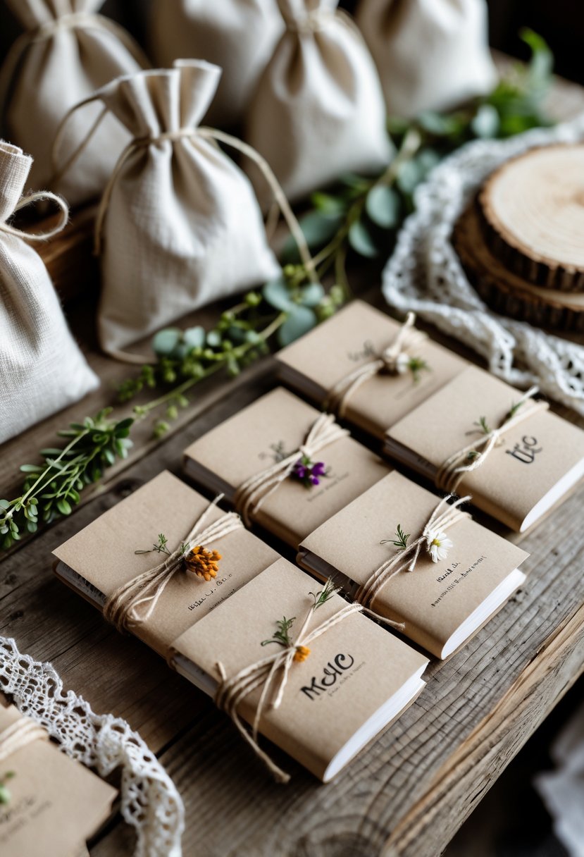 A collection of small kraft paper notebooks decorated with twine and dried flowers on a wooden table surrounded by rustic wedding welcome bag items like linen bags and greenery.