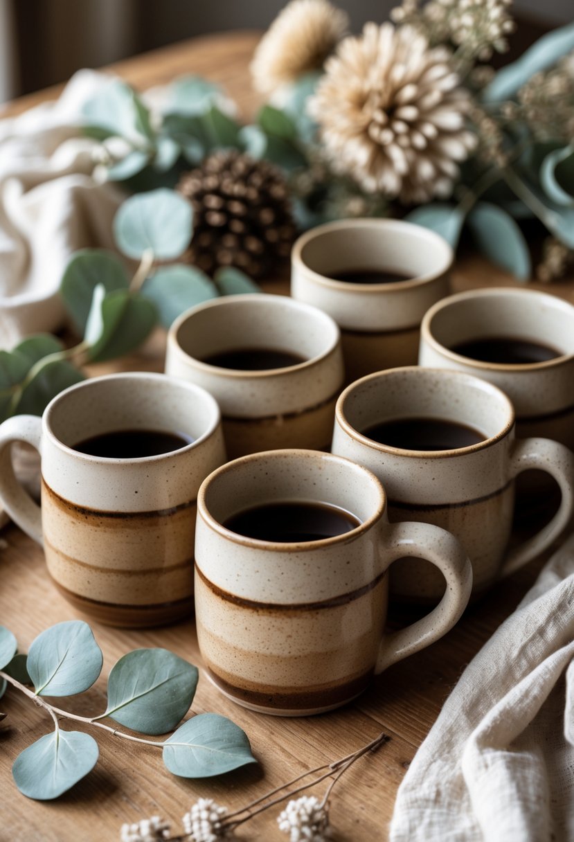 A set of rustic ceramic mugs arranged on a wooden table with dried flowers and leaves nearby.