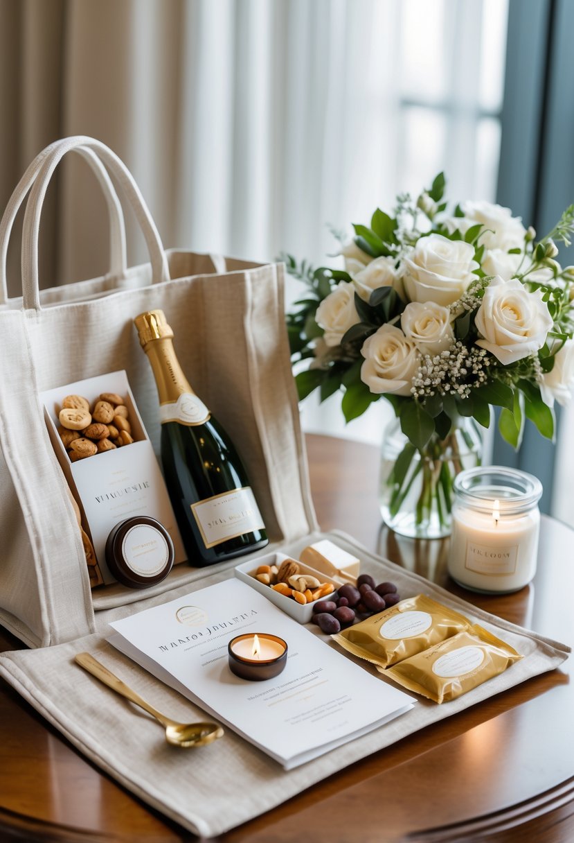 A luxurious wedding welcome bag filled with a wedding itinerary, champagne, snacks, a candle, flowers, and a water bottle on a wooden table.
