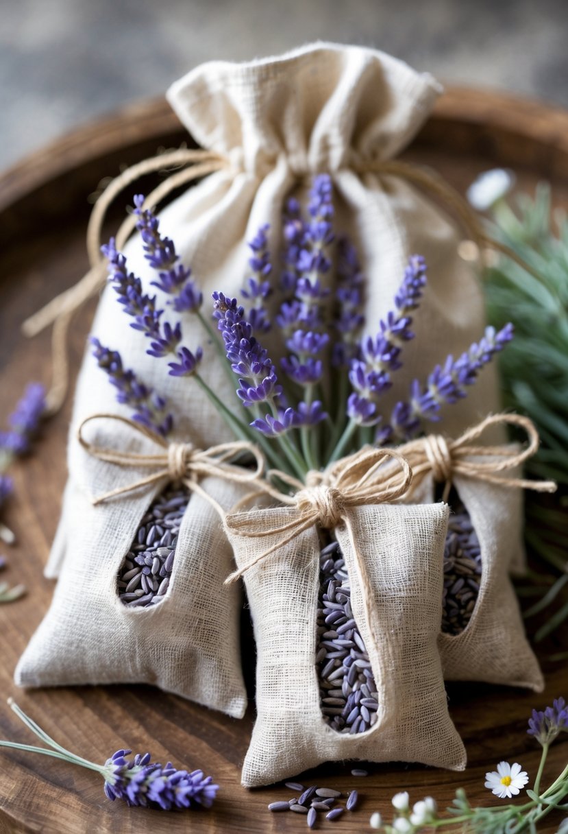 A rustic woven welcome bag filled with handmade lavender sachets tied with twine, surrounded by lavender sprigs and wildflowers on a wooden surface.