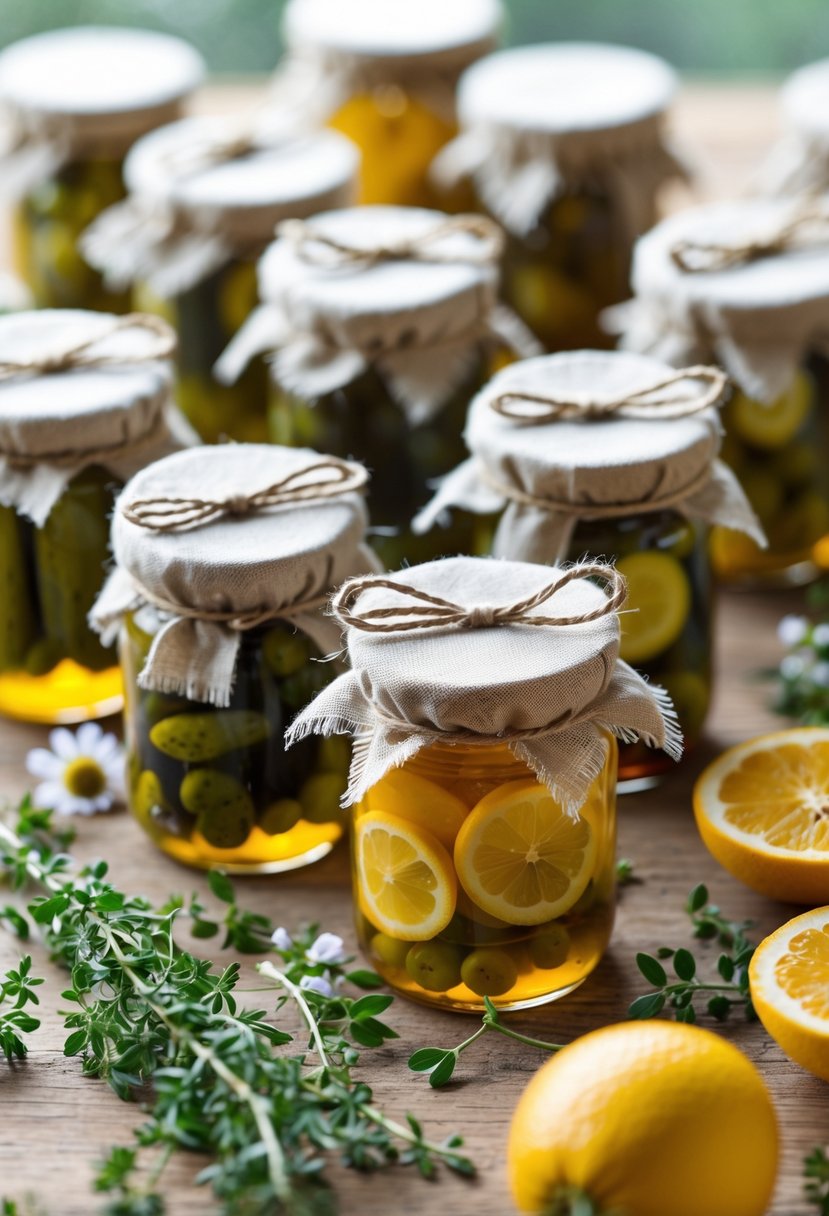 Mini glass jars filled with homemade pickles and preserves arranged on a wooden surface with herbs and flowers around them.