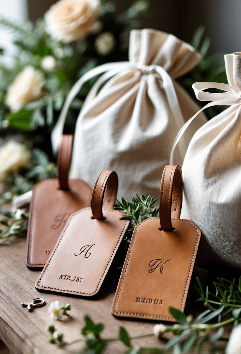 Personalized leather luggage tags attached to wedding welcome bags arranged on a wooden table with flowers and ribbons.