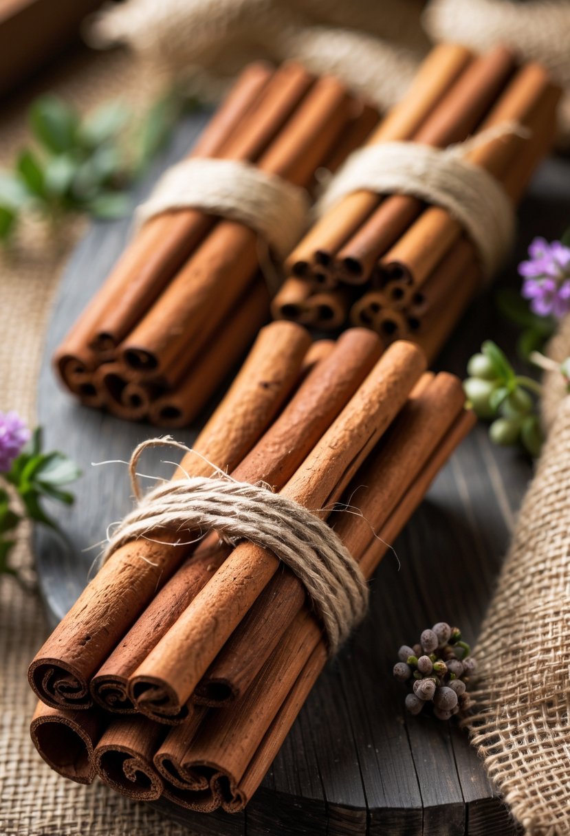 Bundles of cinnamon sticks tied with jute string arranged on a wooden surface with dried flowers and greenery.