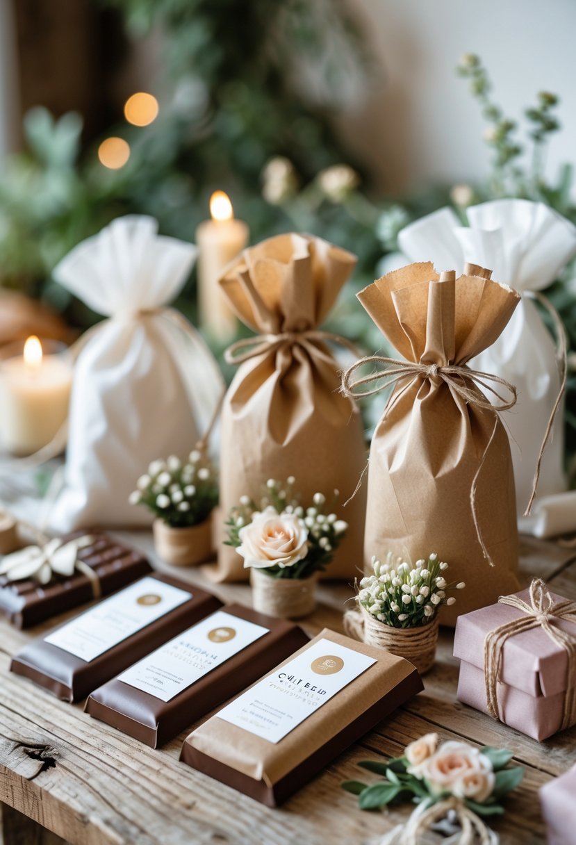 A wooden table displaying wrapped artisan chocolate bars and small floral wedding favors arranged in linen bags.