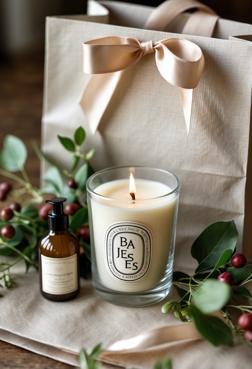 A wedding welcome bag containing a Diptyque Baies scented candle, hand lotion, silk ribbon, and fresh greenery arranged on a soft surface.