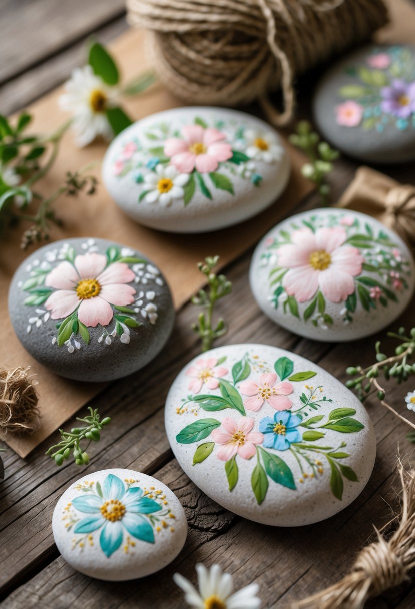 A collection of hand-painted stones with floral designs arranged on a wooden surface alongside greenery and dried flowers.