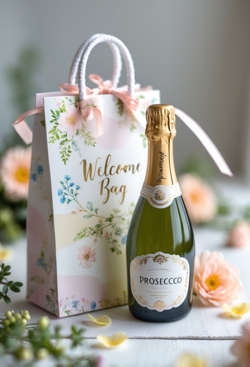 Miniature bottle of prosecco inside a decorated wedding welcome bag with flowers and greenery on a light surface.