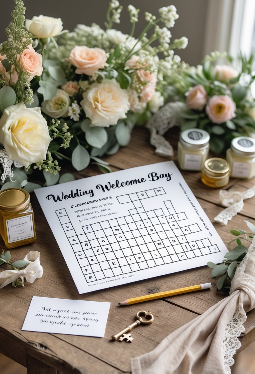 A wedding welcome bag scene with a custom crossword puzzle on a wooden table surrounded by flowers, wedding favors, and decorative accents.