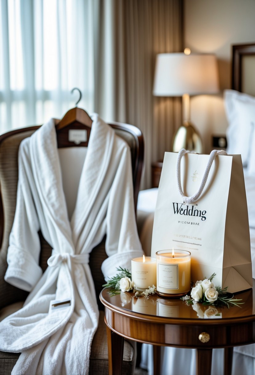A luxurious bathrobe draped over a chair next to a wedding welcome bag with gift items on a table in a bright hotel room.