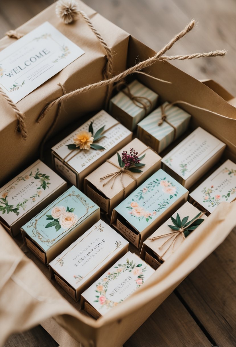 A rustic wedding welcome bag filled with vintage-style matchboxes featuring floral patterns and pastel colors, placed on a wooden table.