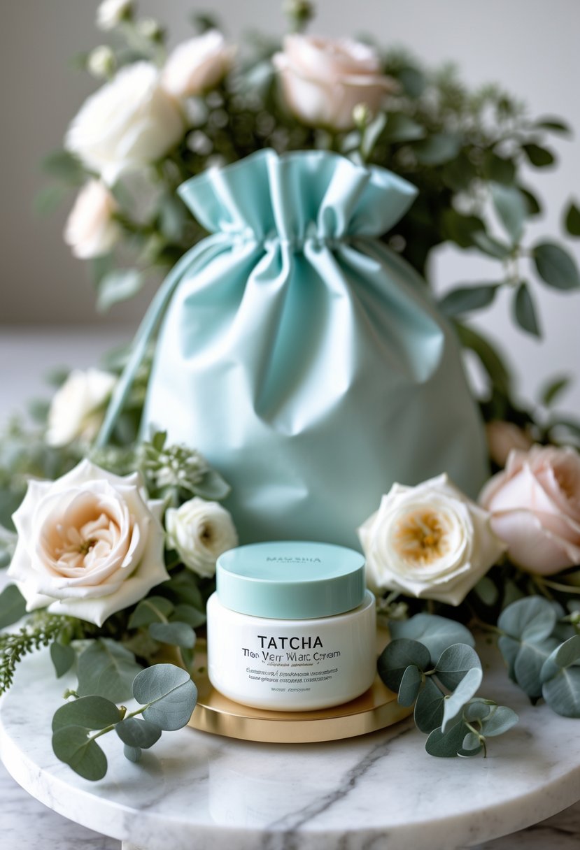 A wedding welcome bag with a jar of moisturizer and floral decorations on a white surface.