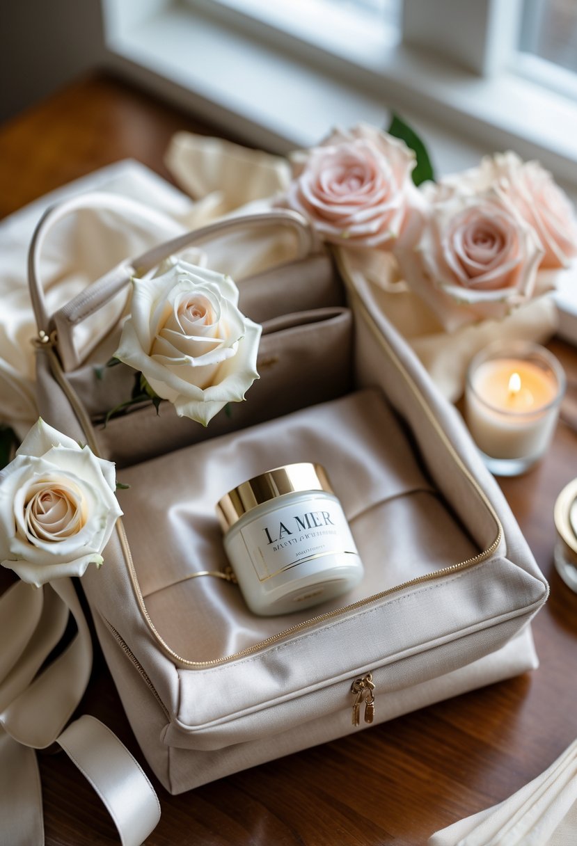 An open wedding welcome bag containing a sample jar of face cream surrounded by flowers, ribbons, and a candle on a wooden surface.