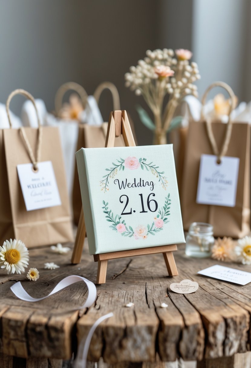Mini canvas with wedding date artwork surrounded by decorative wedding welcome bag items on a wooden table.