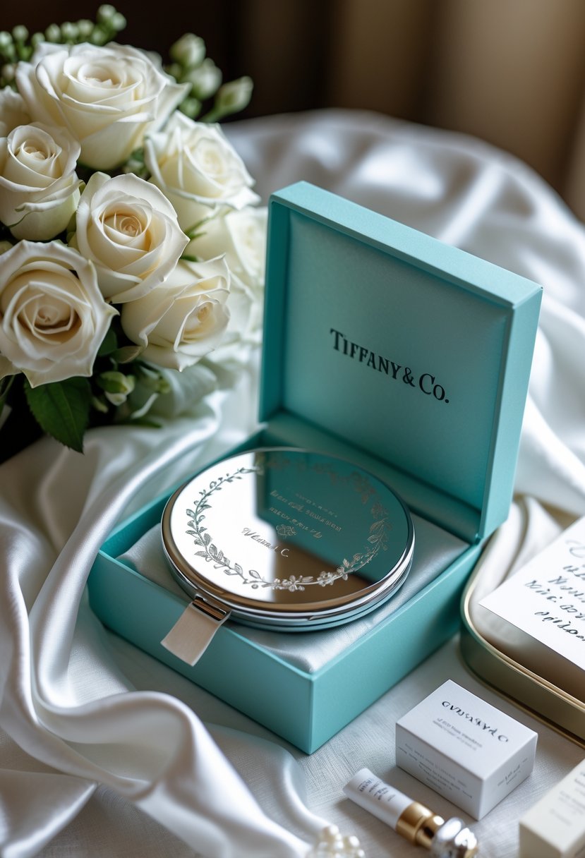 A Tiffany & Co. engraved compact mirror displayed with a wedding welcome bag including white roses, ribbon, and skincare samples on soft fabric.